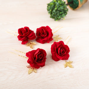 4 Red Rose Floral Hairpins