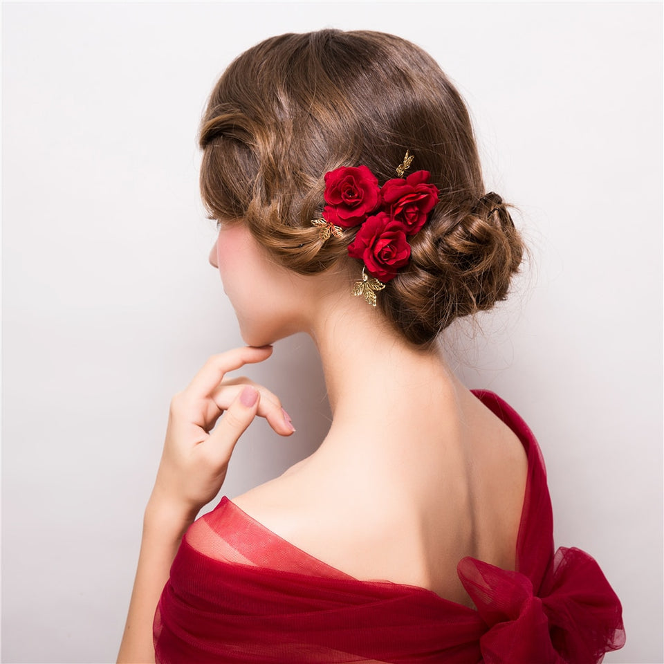 4 Red Rose Floral Hairpins
