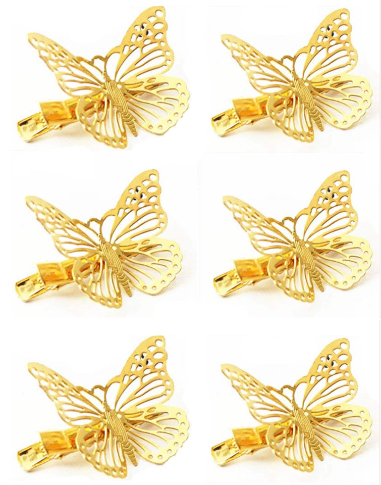 3 Pairs of Gold Metallic Butterfly Hair Clips