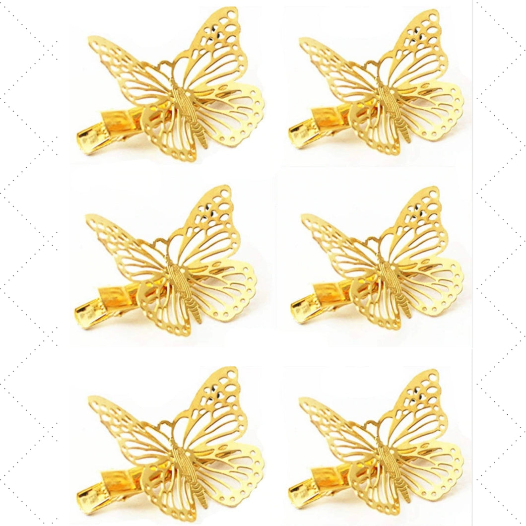 3 Pairs of Gold Metallic Butterfly Hair Clips