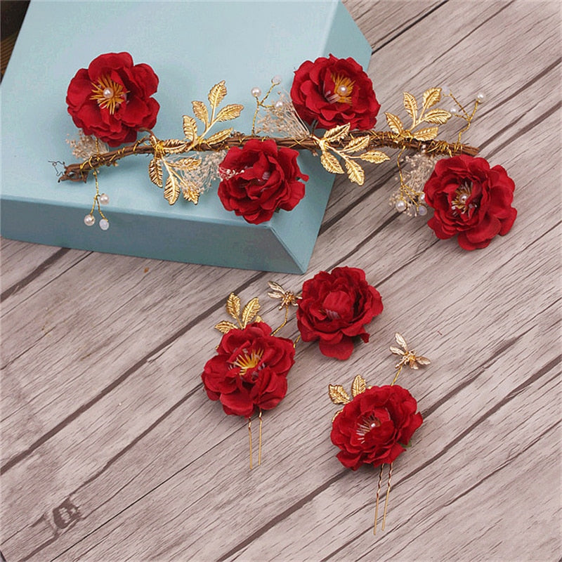 Set of 3 Romantic Red Rose Hair Pins