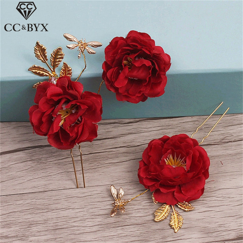 Set of 3 Romantic Red Rose Hair Pins