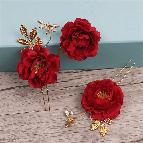 Set of 3 Romantic Red Rose Hair Pins