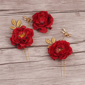 Set of 3 Romantic Red Rose Hair Pins