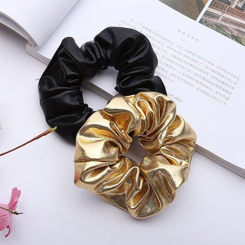 Shiny Metallic Hair Scrunchi Ponytail Holder in Gold or Black