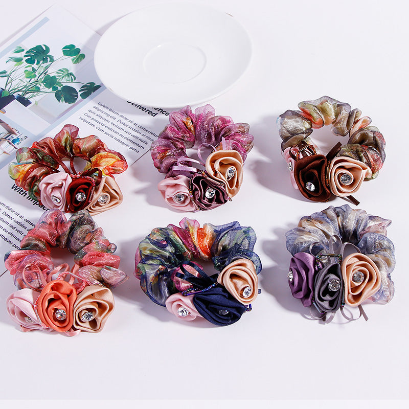 New Women Exquisite Hair Accessories Flower Crystal Chiffon Elastic Hair Bands Elegant Scrunchie Elegant Headbands Rubber Bands
