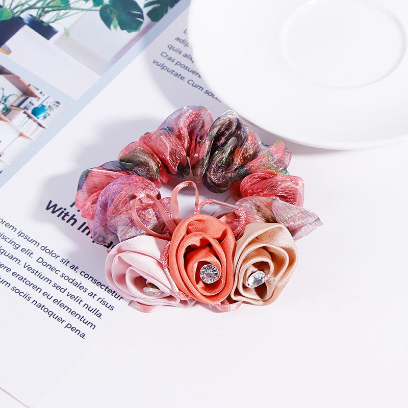 New Women Exquisite Hair Accessories Flower Crystal Chiffon Elastic Hair Bands Elegant Scrunchie Elegant Headbands Rubber Bands